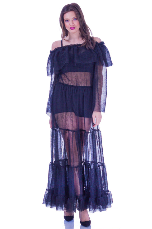 Rochie voal negru cu volane I-10